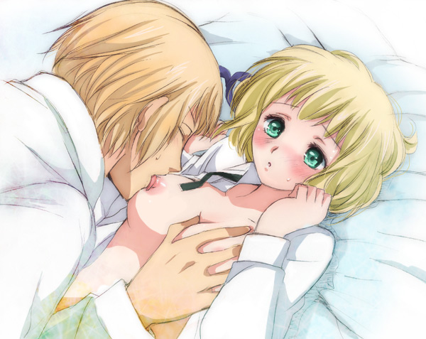 1boy 1boy1girl 1girls axis_powers_hetalia blonde blonde_hair blush blushing breast_grab breast_lick breast_squeeze breasts_out_of_clothes brother_and_sister female green_eyes incest laying_back laying_down laying_on_bed liechtenstein_(hetalia) mostly_clothed nipple_licking partially_clothed small_breasts smaller_female straight switzerland_(hetalia) tagme vash_zwingli