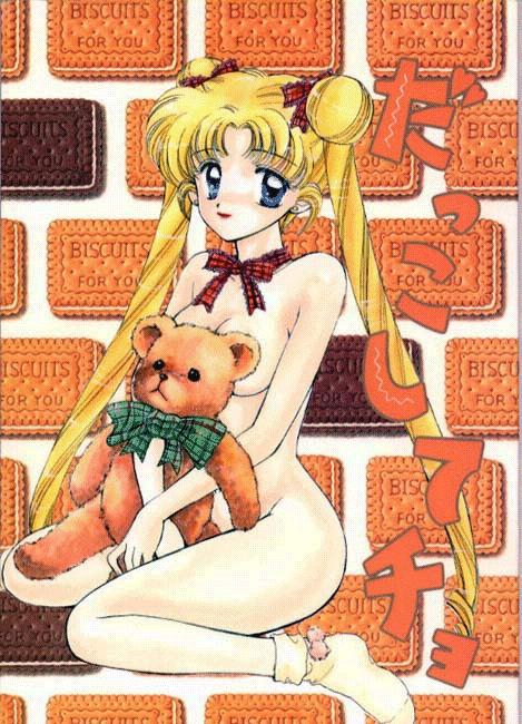 1993 1girls bishoujo_senshi_sailor_moon blonde_hair blue_eyes double_bun female female_only hair_buns naked ozaki_mirai small_breasts solo tagme teddy_bear translation_request usagi_tsukino