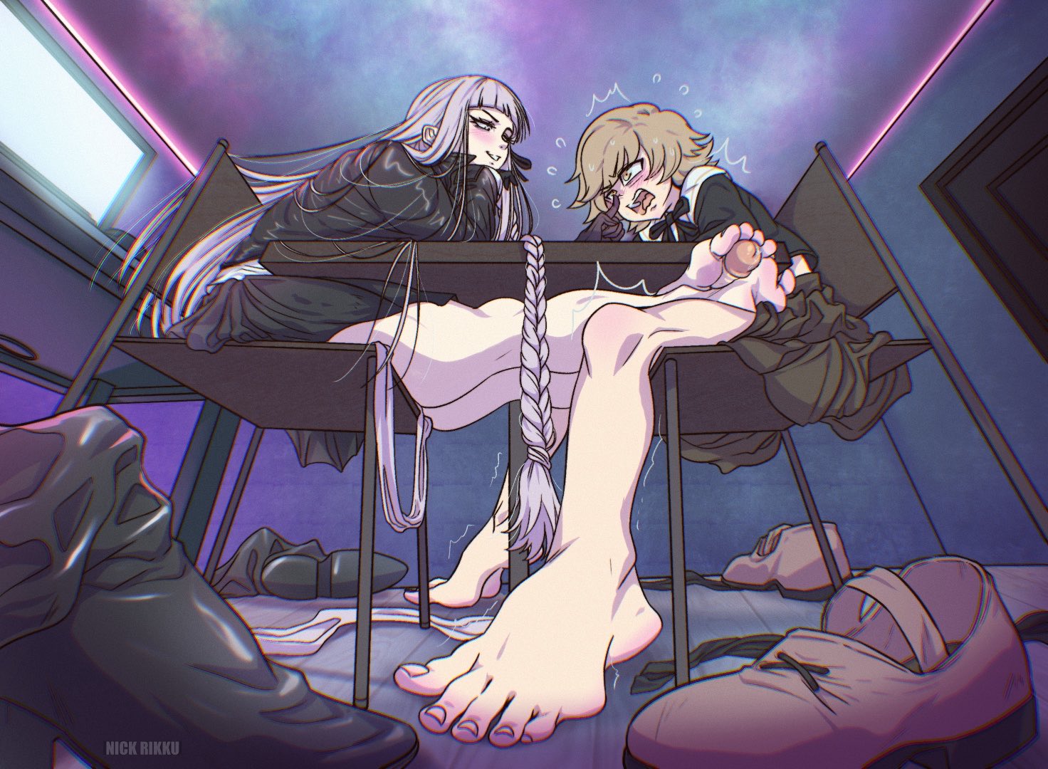 1boy1girl, 2026, absurd res, artist name, artist signature, barefoot, black boots, black heels, boots removed, danganronpa, danganronpa: trigger happy havoc, discarded shoes, female on femboy, femdom, foot fetish, footjob, fujisaki chihiro, kirigiri kyouko, legs spread, legs together, mostly clothed, nickrikku, nose boop, pink shoes, precum, precum drip, resisting orgasm, resisting pleasure, seated, shoes off, shoes removed, table, teasing, twitter, under the table, unworn shoes