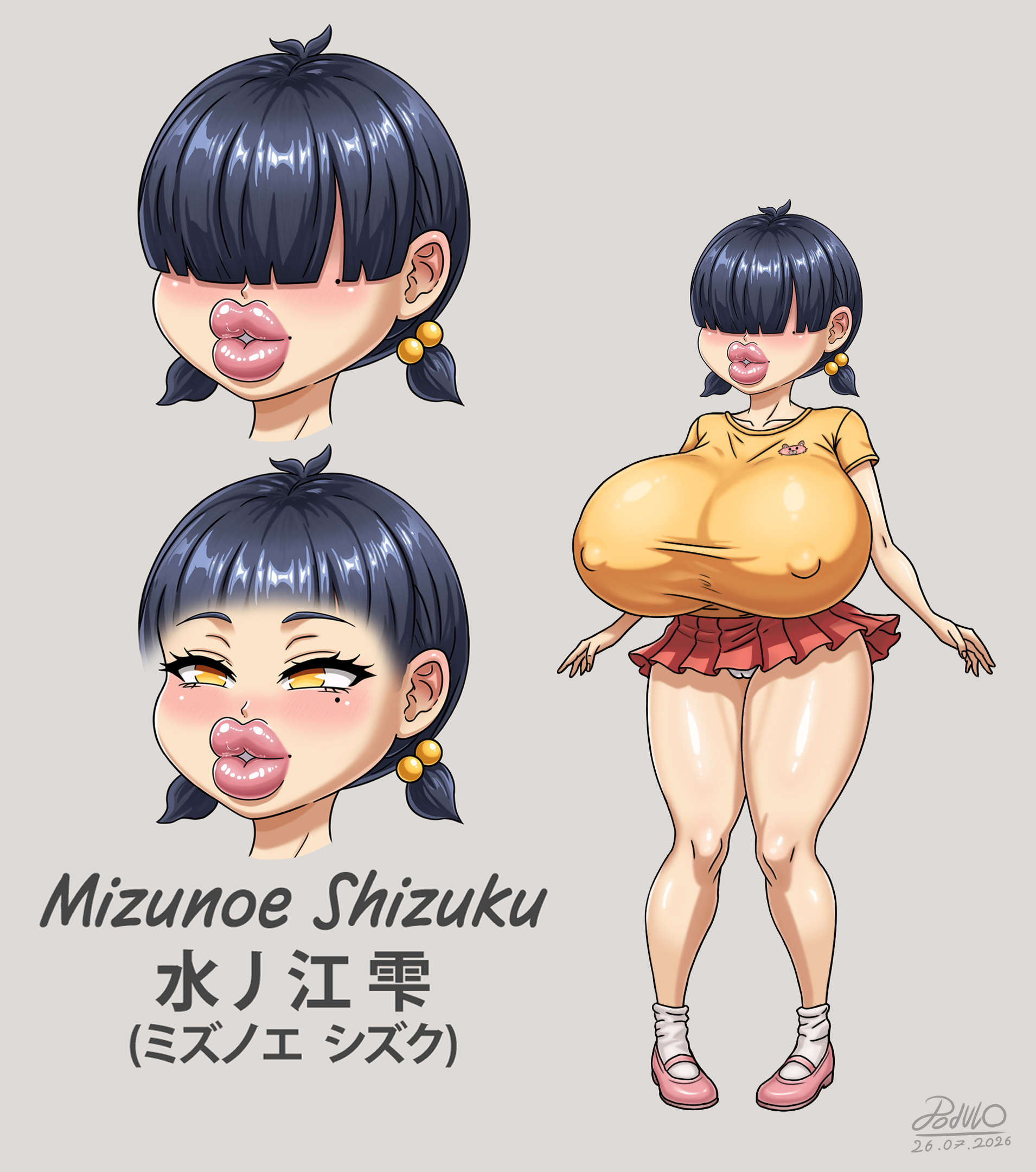 1girl, ahoge, bangs, big lips, big lips no eyes, black hair, blunt bangs, blush, bursting clothes, character sheet, clothes between breasts, covering eyes, dark blue hair, digital media (artwork), dodulo, duck face, enormous breasts, female, female only, gigantic breasts, grey background, hair bobbles, hair ornament, hanging breasts, hi res, huge breasts, hyper breasts, lipstick, looking at viewer, low twintails, mary janes, miniskirt, mole, mole under eye, multiple views, nipples visible through clothes, oc, original, original character, panties, pink footwear, pleated skirt, plump, plump lips, red skirt, reference sheet, see-through, shiny skin, shirt, shoes, short skirt, shortstack, simple background, socks, solo, solo female, standing, t-shirt, taut clothes, thick lips, thick thighs, tight clothes, twintails, voluptuous, white panties, white socks, wide hips, yellow eyes, yellow shirt
