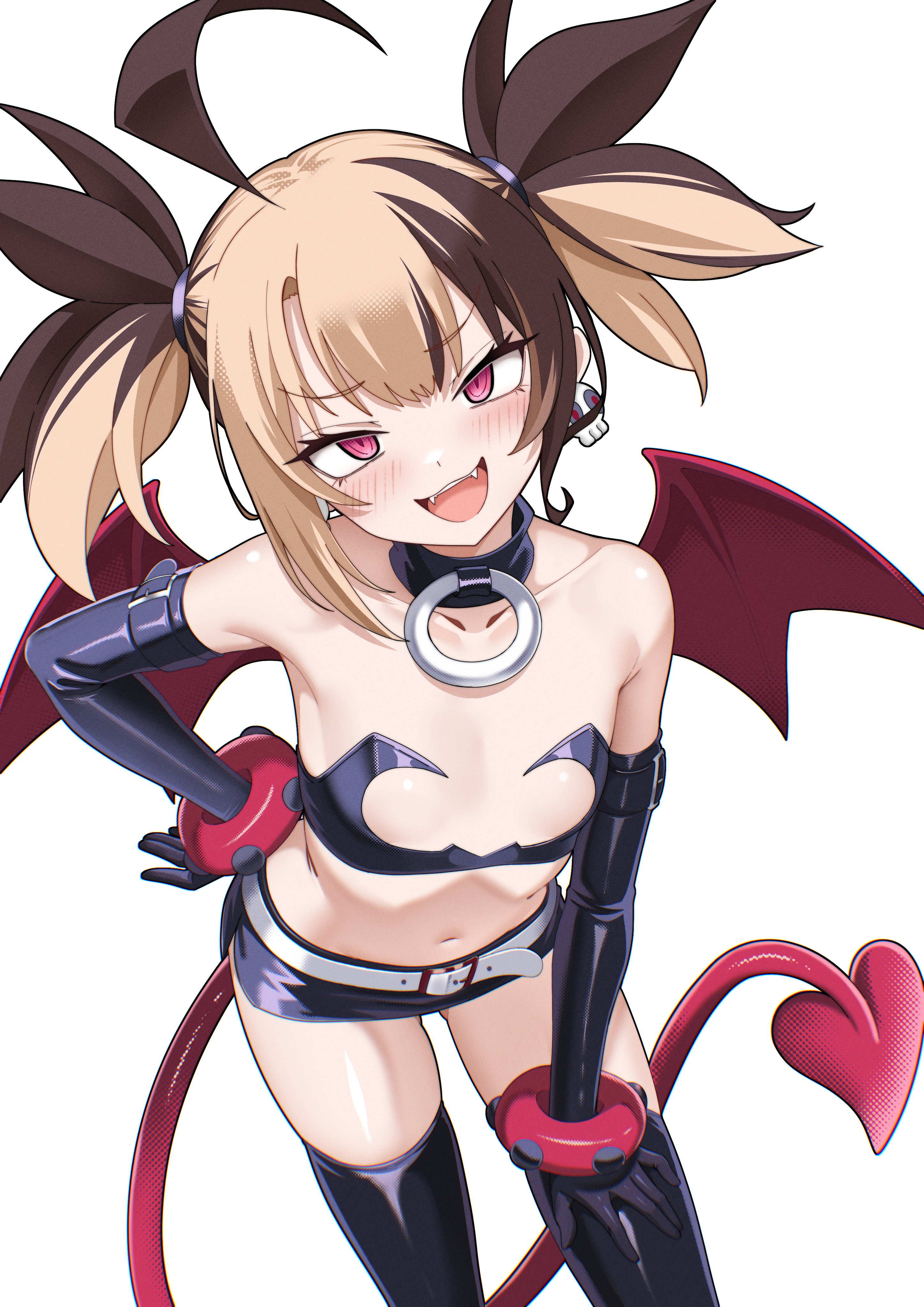 1girls, ahoge, bare shoulders, barely clothed, belt, belted skirt, blonde hair, blush, blushing, blushing at viewer, bra, bracelet, bralette, brat, breasts covered, brown hair, choker, clavicle, cleavage cutout, collar, cosplay, devil, disgaea, earrings, etna (cosplay), female, female focus, flat, flat chest, gigi murin, gloves, hair between eyes, hair tied, hand on hip, hand on thigh, head tilt, heart tail, hololive, hololive english, hololive english -justice-, latex, latex bra, latex gloves, latex skirt, latex thighhighs, leaning forward, light skin, light-skinned female, long gloves, looking at viewer, midriff, mouth open, multicolored hair, navel, petite, petite body, petite female, pierced ears, pigtails, pink eyes, raikkonen, short hair, short skirt, simple background, skimpy, skirt, skull earrings, small breasts, solo, solo focus, standing, succubus, succubus tail, tail, thigh gap, thighhighs, thighs, virtual youtuber, white background, wings