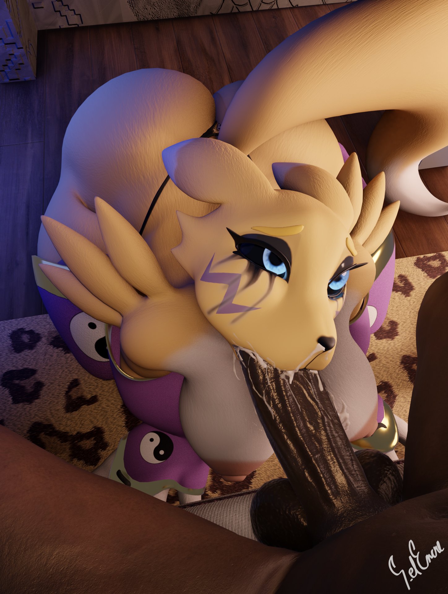anthro, big ass, big breasts, big penis, blue eyes, cum in mouth, cum in nose, cum on breasts, dark-skinned male, digimon, hmofa, human on anthro, mascara, mascara tears, renamon, ruined makeup, schwarzelencre, tail, thick thighs