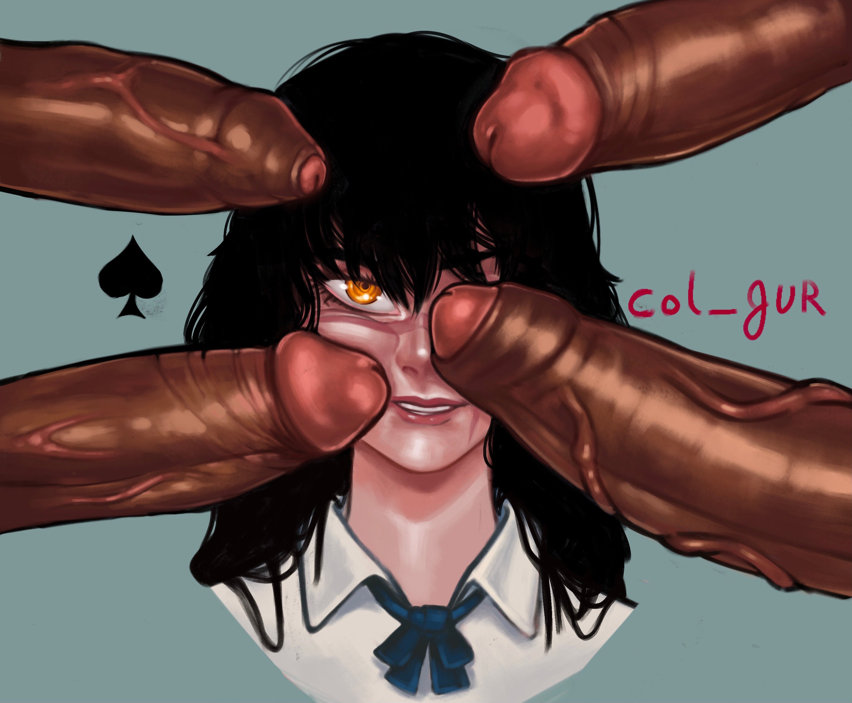 1girls, 4boys, artist name, artist request, big penis, black hair, black penis, chainsaw man, interracial, meme, meme reference, mitaka asa, penis, penis covering eye, penis on face, penis poke, pigtails, poking with penis, queen of spades, redline surrounded by guns (meme), scar, spine (game), yellow eyes, yoru (chainsaw man)