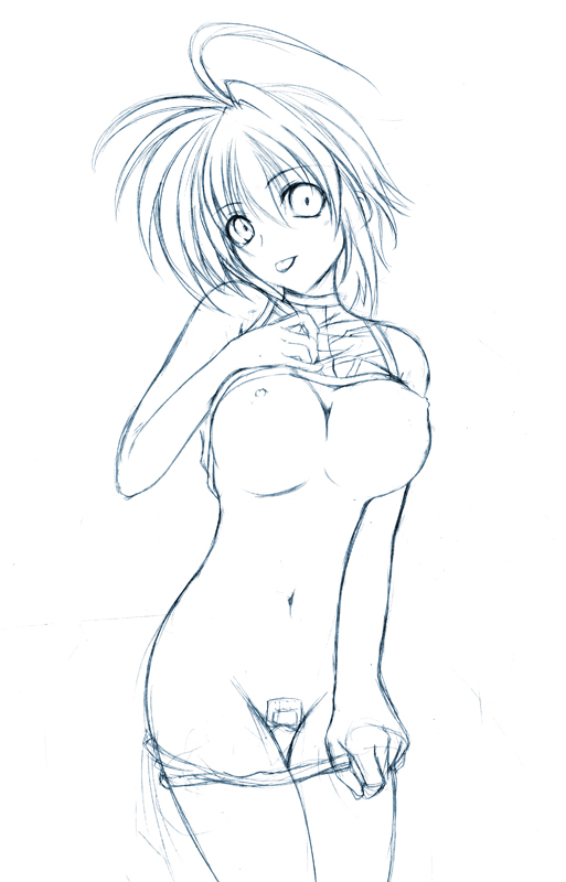 bandaid_on_pussy breasts hagane_soushi kagura_soushi lyrical_nanoha maebari mahou_shoujo_lyrical_nanoha mahou_shoujo_lyrical_nanoha_strikers monochrome nipples panties panty_pull rough_sketch shirt_lift short_hair sketch subaru_nakajima underwear