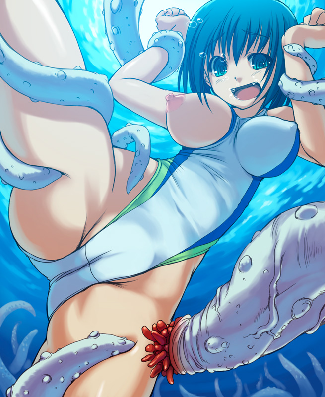 askray blue_eyes blue_hair blush bosshi breast_slip breasts bubble bubbles cameltoe censored competition competition_swimsuit cum drowning erect_nipples fangs fat_mons from_below highleg imminent_rape koshoksyu nipples one-piece_swimsuit one_breast_out original panties rape restrained short_hair stomach_bulge swimsuit swimsuit_aside tentacle underwater water