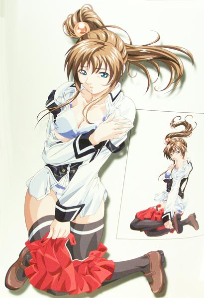 :o academy_uniform_(bible_black) arm_grab ass bangs bare_shoulders bible_black black_legwear blue_bra blue_eyes blue_panties bra breasts brown_hair buttons cleavage clothing embarrassed female floating_hair hair_between_eyes hair_bobbles hair_ornament human imari_kurumi kneeling lingerie long_hair looking_at_viewer looking_back mary_janes midriff miniskirt off_shoulder official_art open_clothes open_mouth open_shirt open_skirt panties payot pleated_skirt profile school_uniform shadow shirt shoes side_ponytail simple_background skirt skirt_pull solo strap_slip striped striped_panties suspenders thighhighs unbuttoned underwear undressing uniform unzipped white_background white_bra white_panties yoshiten zettai_ryouiki zipper