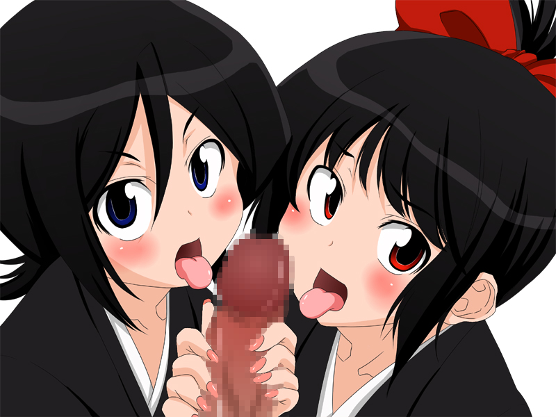 1boy 2girls artist_request black_hair bleach blue_eyes blush censored clothing collaborative_fellatio double_fellatio double_handjob fellatio handjob kuchiki_rukia looking_at_viewer mosaic_censoring multiple_fellatio multiple_girls open_mouth oral penis red_eyes ribbon robe senna_(bleach) short_hair teamwork threesome tongue tongue_out unseen_male_face young