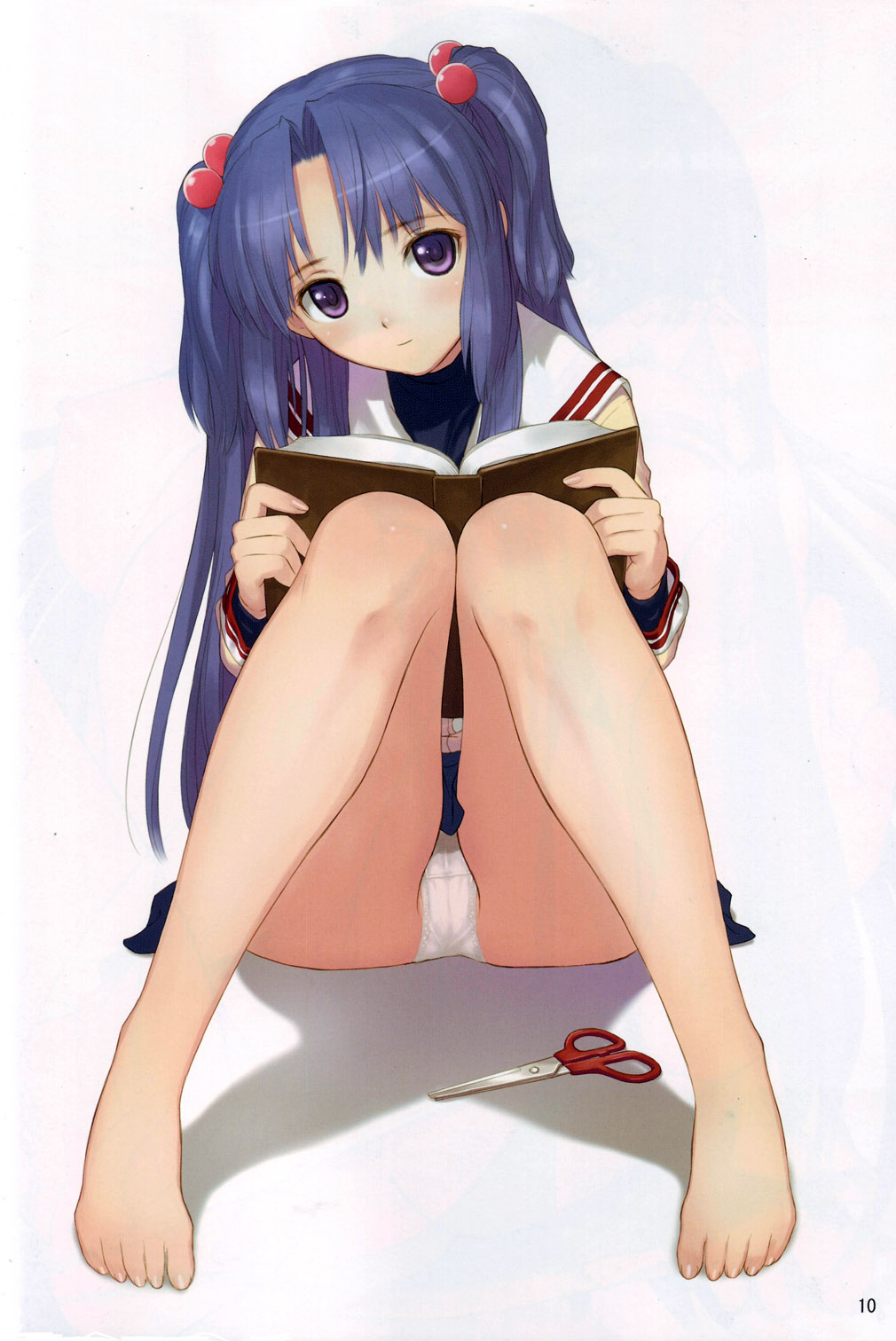 1girls barefoot bleed_through blue_hair book clannad clothing feet female female_only hair_bobbles hair_ornament highres ichinose_kotomi long_hair panties pantyshot purple_eyes school_uniform scissors skirt smile solo straight_hair taka_tony tied_hair twintails underwear