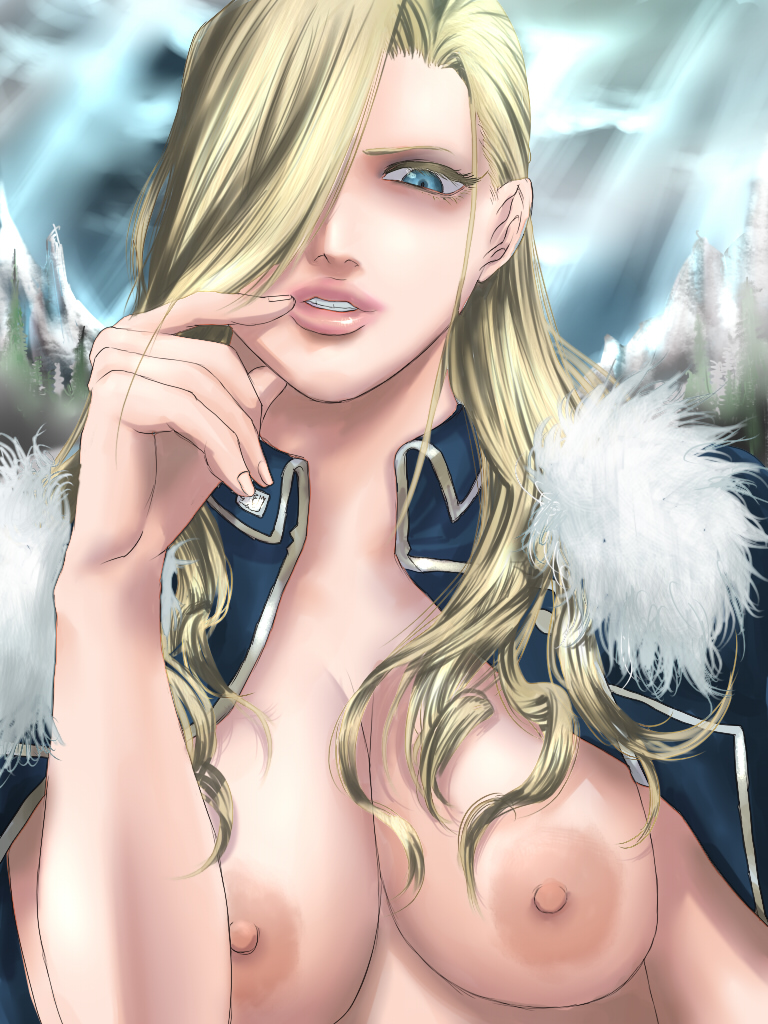 1girls blonde_hair blue_eyes breasts female fullmetal_alchemist hair_over_one_eyes homex lips long_hair nipples olivier_mira_armstrong solo uniform