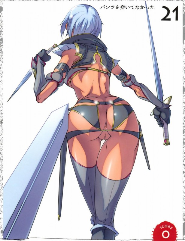 ass behind blue_hair dark_skin from_behind irma_(queen's_blade) no_panties pussy sword uncensored weapon