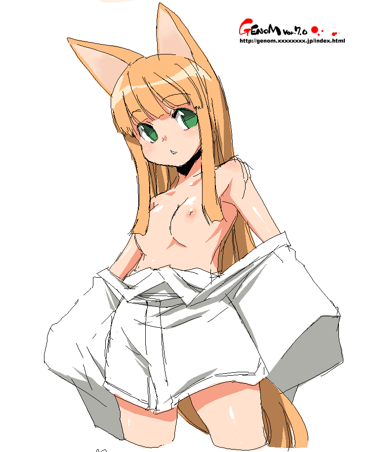 bangs blonde_hair breasts copyright_request fox fox_ear green_eyes long_hair nipples oekaki onija_taro onija_tarou robe topless undressing very_long_hair