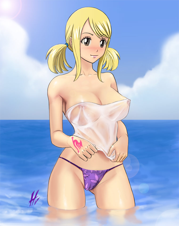 blonde_hair blush breasts brown_eyes fairy_tail female female_only human hvond lucy_heartfilia nipples outdoors partially_submerged smile solo tattoo tied_hair topless twintails water