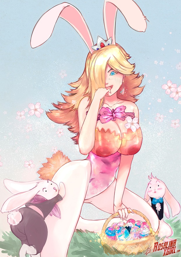 alternate costume, animal ears, aqua eyes, areolae, blonde hair, blue eyes, breasts, bunny ears, bunnysuit, crown, earrings, easter, easter egg, egg, fake animal ears, female, flowers, jewelry, large breasts, leotard, long hair, looking at viewer, mario (series), mazzacho, nintendo, nipples, princess rosalina, rabbit, ribbon, see-through, simple background, sitting, smile, solo, strapless leotard
