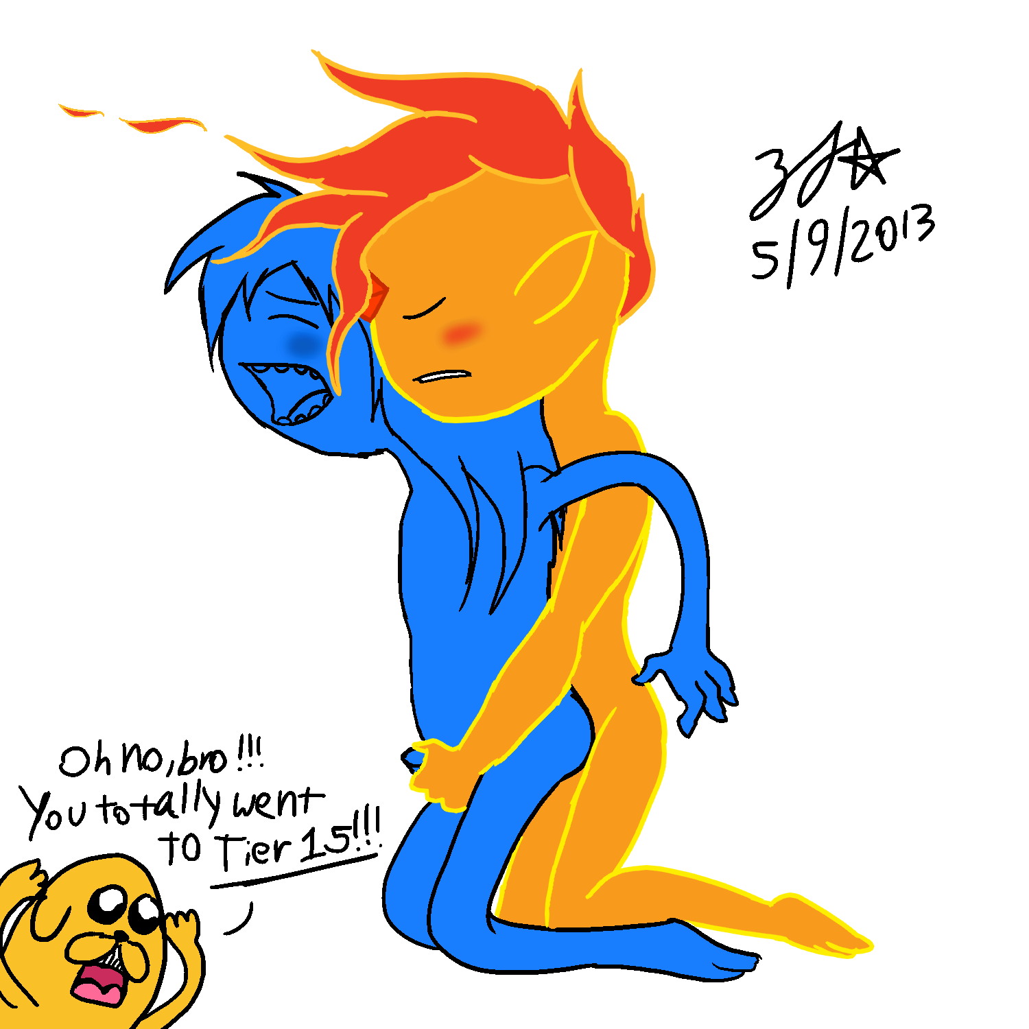 2013 2d 2d_(artwork) 3boys adventure_time dated english_text finn_the_human flame_prince funny gay jake_the_dog long_hair masturbating masturbation non-human tagme text white_background yaoi