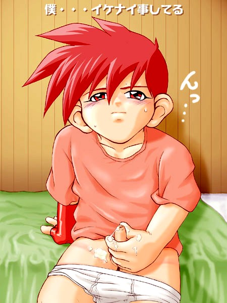 bakusou_kyoudai_let's_and_go blush fingerless_gloves japanese_text red_eyes red_hair retsu_seiba short_hair underwear_down