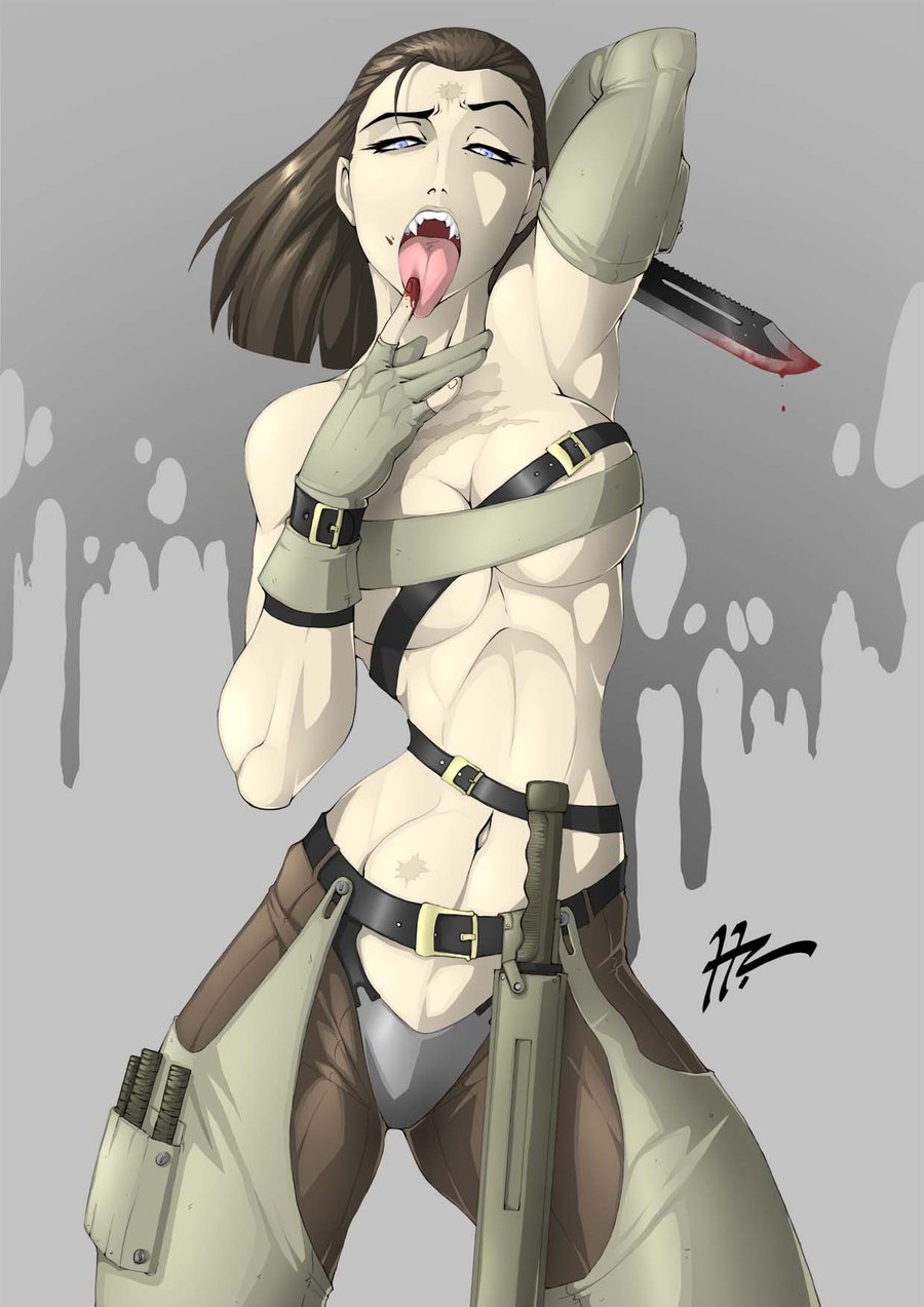 1girls belly blood blue_eyes blunt_katana brown_hair color colored fangs female female_only gloves humanoid knife long_hair metal_gear metal_gear_solid metal_gear_solid_4 navel pointy_teeth round_ears rule_63 solo tongue tongue_out uncensored vamp vampire weapon