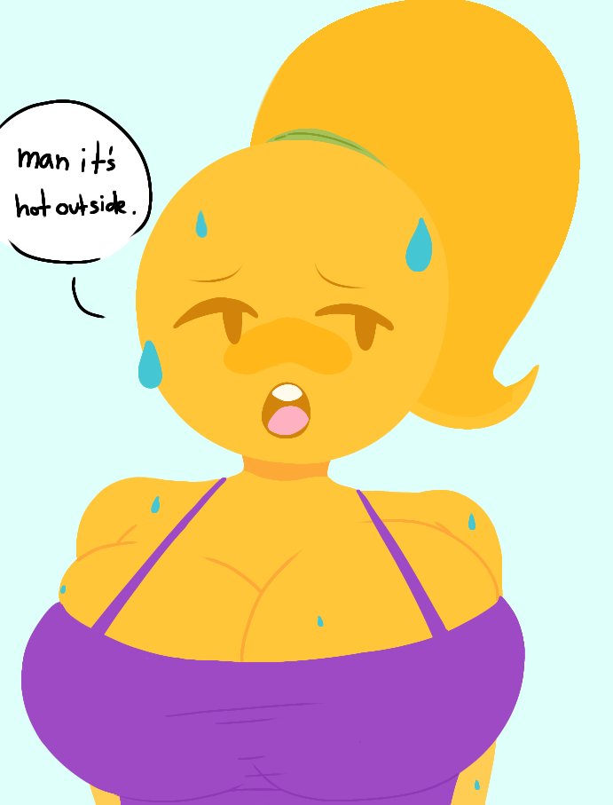 anthro big_breasts breasts cleavage cleavage_overflow emoji_(race) emoji_slut emojifam_(sssir8) female female_focus female_only huge_breasts large_breasts looking_at_viewer mob_face no_outlines original_character overflowing_breasts ponytail purple_shirt snowonii sweat sweating sweaty top_heavy yellow_body yellow_hair yellow_skin