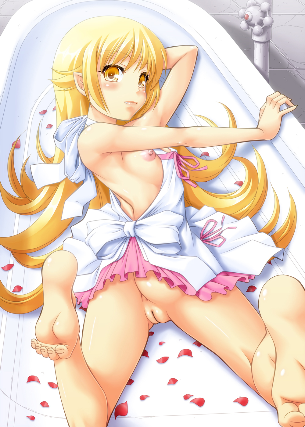 ass bakemonogatari bed looking_at_viewer monogatari_(series) nekomate14_edited oshino_shinobu pointy_ears pussy sideboob uncensored