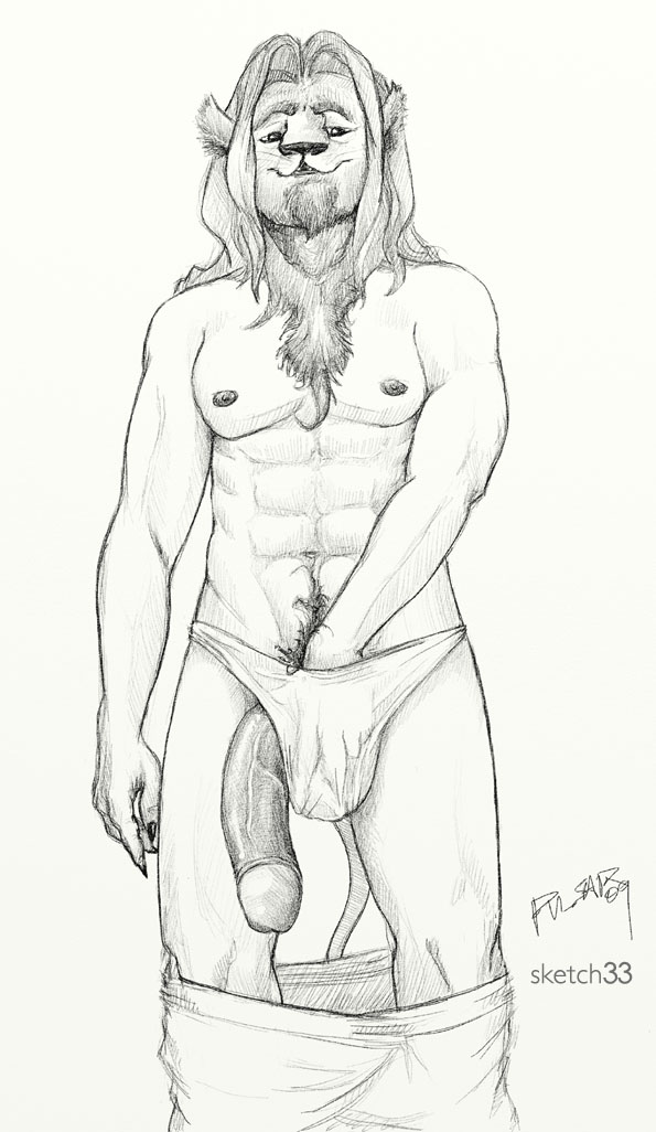 1boy 2009 abs anthro beard bulge clothing feline fur furry hair large_penis lion looking_at_viewer male male_only mammal monochrome muscles navel nipples pants penis plain_background pubic_hair pulsar simple_background solo standing tail text topless underwear veins veiny_penis white_background