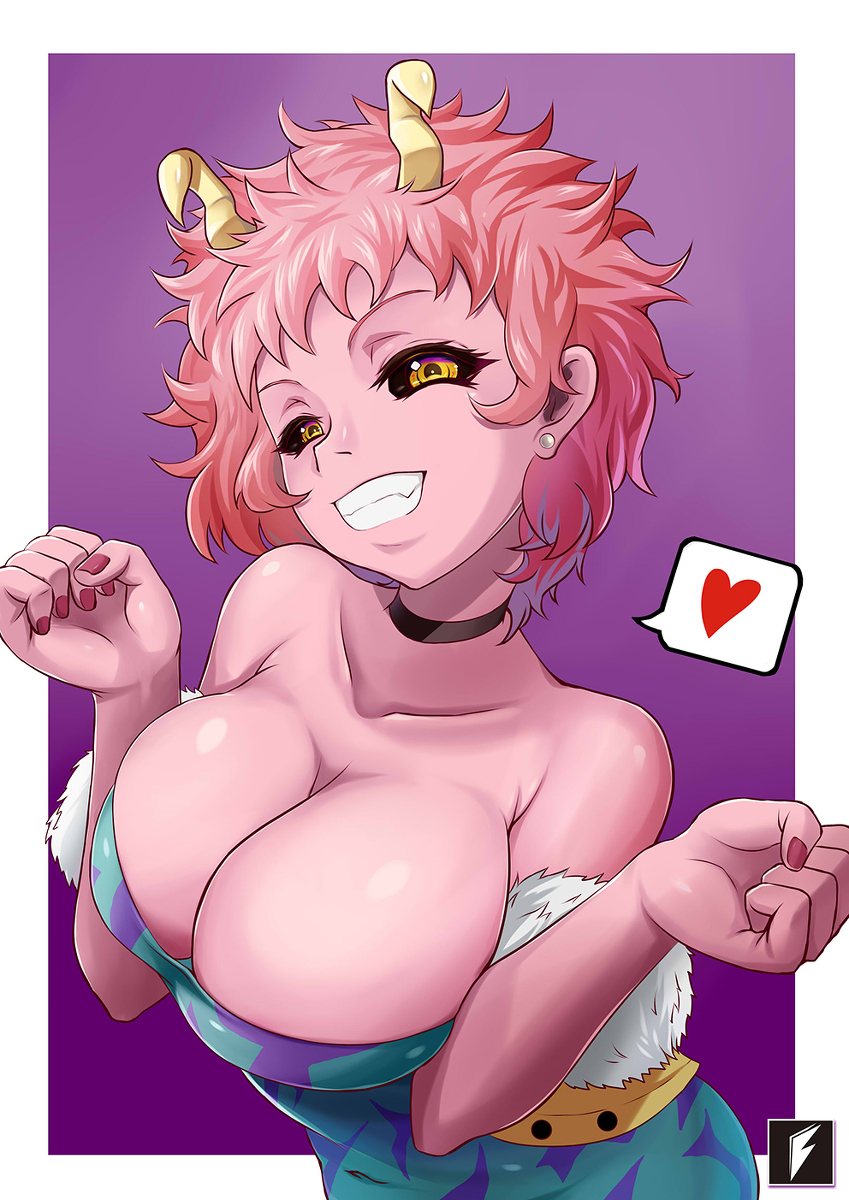 1girls, big breasts, bimbo, black sclera, breasts, busty, cleavage, clothed, clothed female, clothing, collar, female, heart, hero outfit (mha), horn, horns, looking at viewer, mina ashido, my hero academia, naughty face, painted nails, pink hair, pink skin, pink-haired female, pressing breasts together, seductive, smile, smiling, speech bubble, teenager, yellow eyes