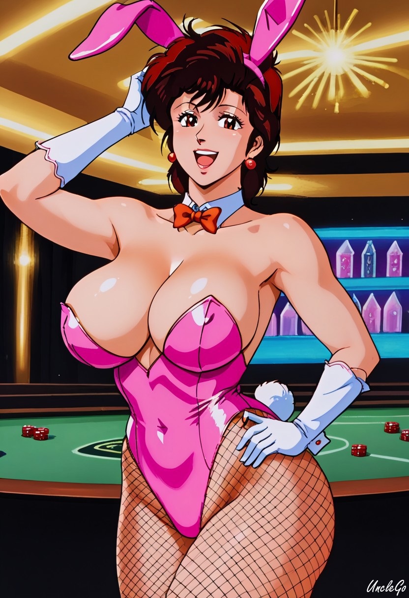 1girls ai_generated armpits big_breasts bunny_ears bunny_girl bunnysuit casino city_hunter cleavage fishnet_stockings huge_breasts kaori_makimura leotard pink_leotard posing retro_artstyle self_upload stable_diffusion standing unclego