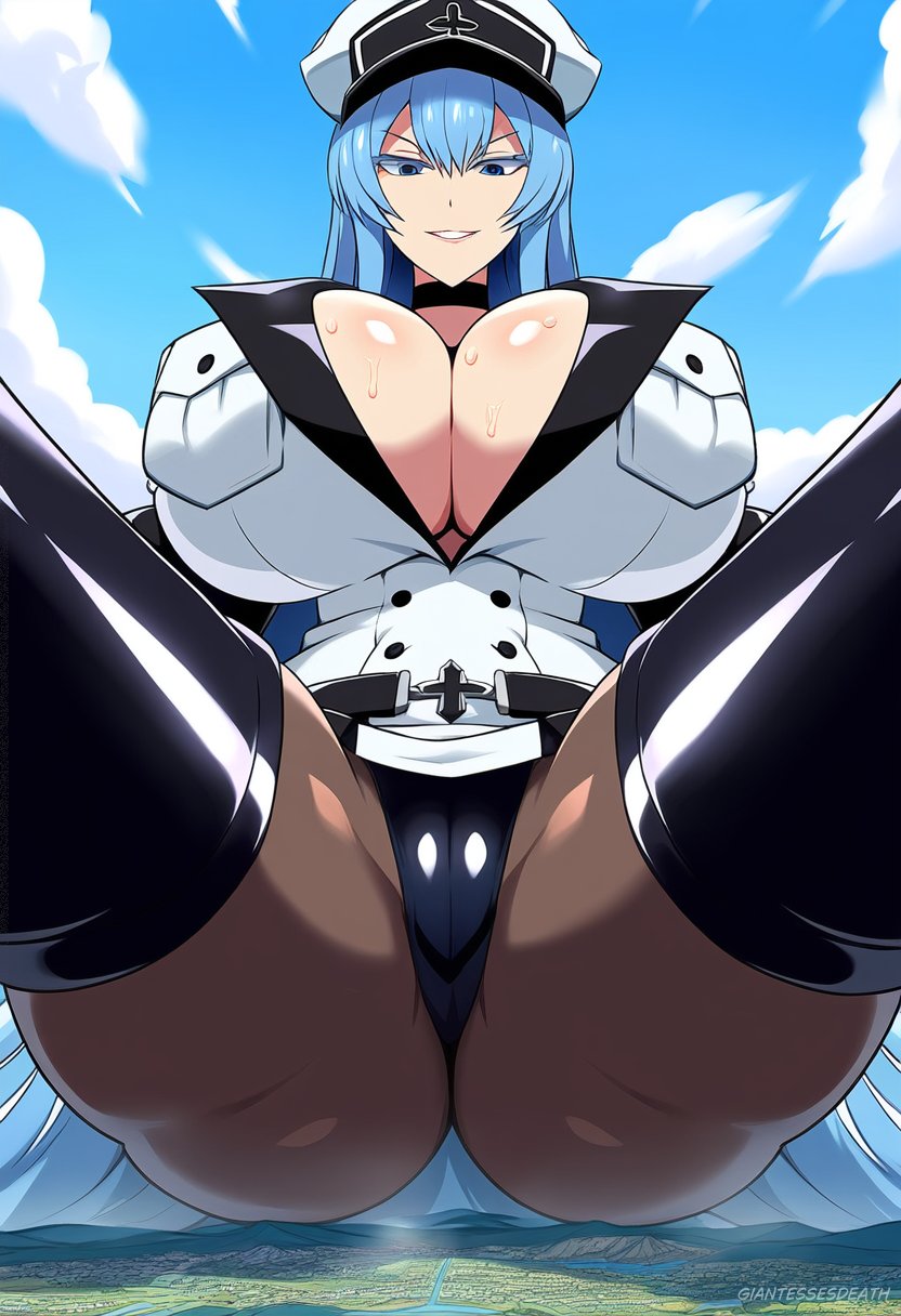 1girls ai_generated akame_ga_kill! ass blue_hair breasts cleavage clothed esdeath_(akame_ga_kill!) female giantess giantessesdeath giga_giantess hat huge_breasts macro nai_diffusion sweat sweaty sweaty_breasts thick_thighs thighs