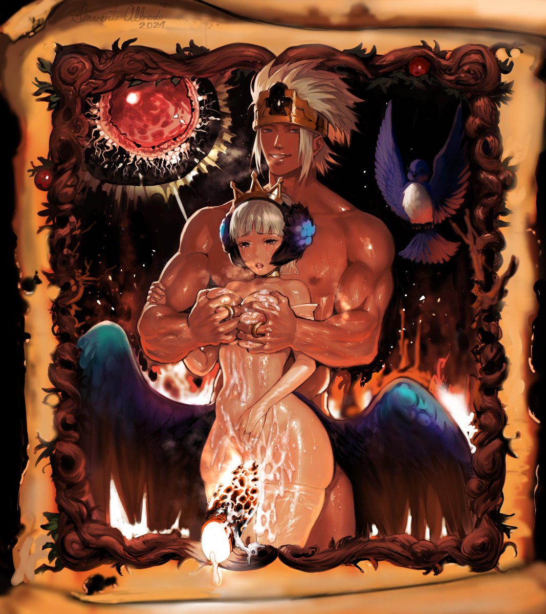 1boy big_penis breasts covered_in_cum cum_in_pussy cum_inside cum_on_body cum_on_breasts female glowing_penis gwendolyn_(odin_sphere) height_difference hips holding_breast impregnation insemination interracial invertoalbedo looking_at_viewer naked nude odin_sphere penis penis_between_thighs size_difference squeezing_breast stockings tearing_up thigh_squish thighs white_hair