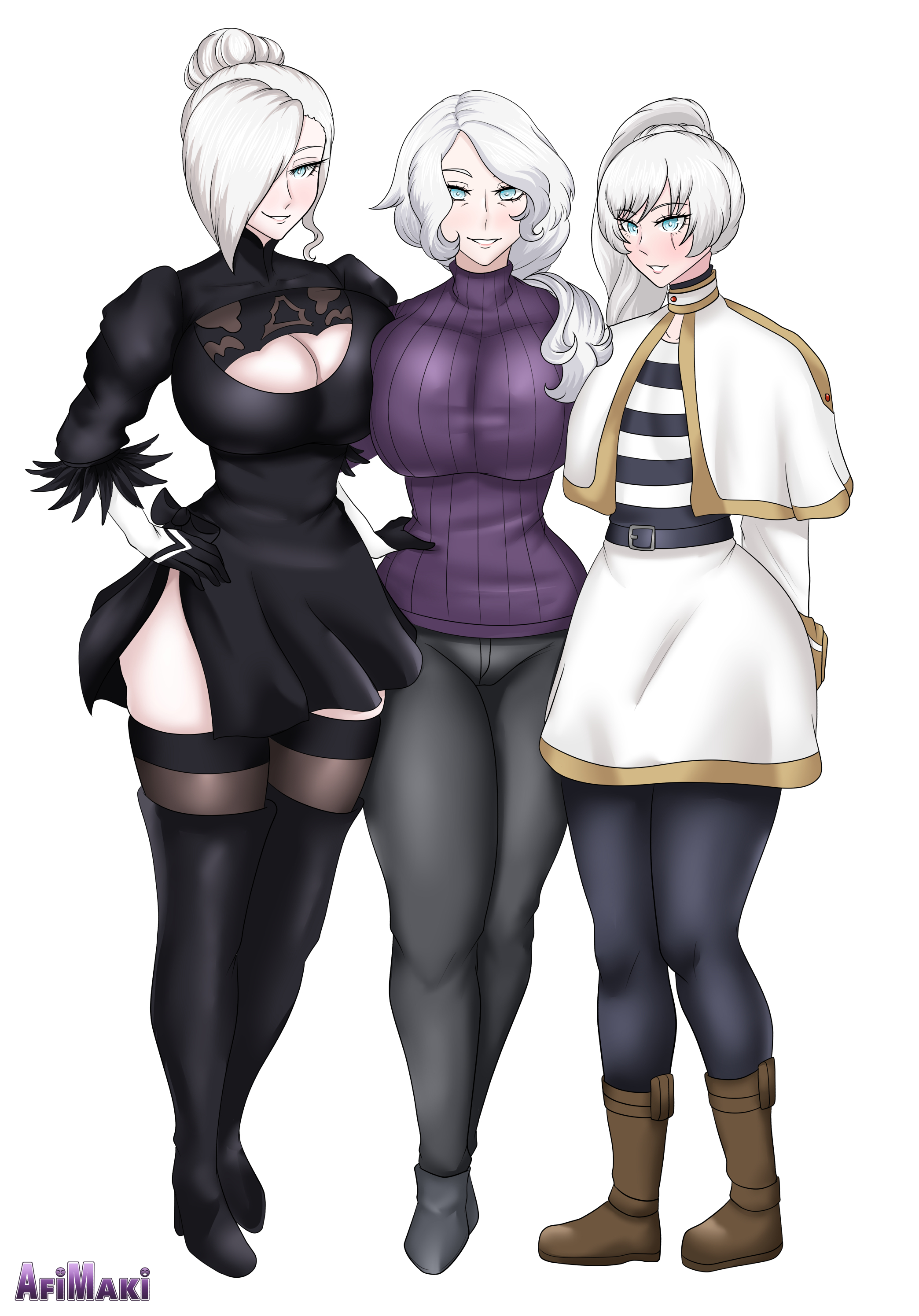 2025, 2d, 2d (artwork), 3girls, afimaki, alternate version available, artist name, big breasts, black boots, black heels, black high heel boots, black high heels, blue eyes, boots, breasts, brown boots, cleavage, cosplay, crossover, female, female only, fiona frost (cosplay), frieren (cosplay), hair bun, heels, high heel boots, high heels, huge breasts, large breasts, long hair, milf, mother and daughter, multiple females, multiple girls, nier (series), nier: automata, ponytail, purple sweater, questionable, rwby, sfw, simple background, sisters, smile, sousou no frieren, spy x family, sweater, weiss schnee, white background, white hair, wholesome, willow schnee, winter schnee, yorha 2b (cosplay)
