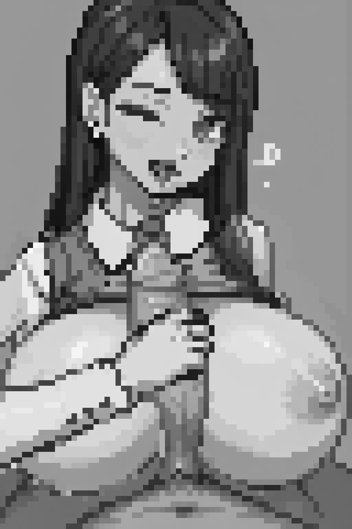 1boy 1girl breasts cum greyscale handjob heart hetero huge_breasts jewelry long_hair monochrome nipples one_eye_closed open_mouth paizuri penis pixel pixel_(artwork) pixel_art pov shirt_lift simple_background smile solo_focus uncensored