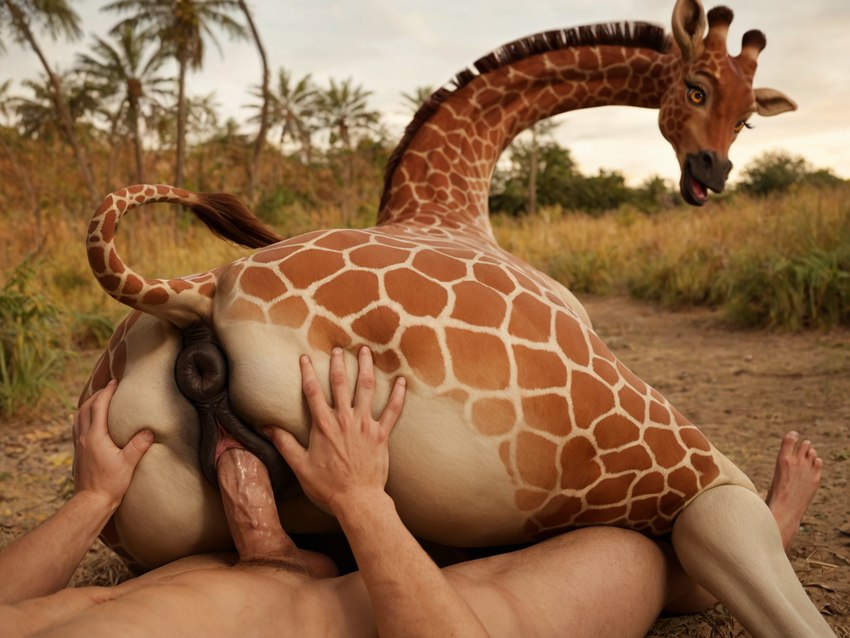 1boy1girl ai_generated anthro big_ass desert dick feral furry giraffe hand_on_ass human_on_anthro interspecies looking_at_viewer looking_back penetration pussy rear_view