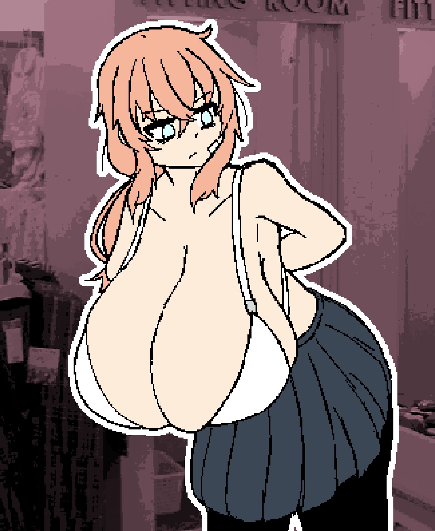 1girls, aqprofilehai, arms behind back, bags under eyes, bandage on face, blue eyes, bra, breasts, cleavage, collarbone, female, hair between eyes, head turned, huge breasts, leaning forward, michinoku komaro, orange hair, pixel art, seitokai ni mo ana wa aru!, seitokai nimo anawa aru!, skirt, stockings, tagme, white bra