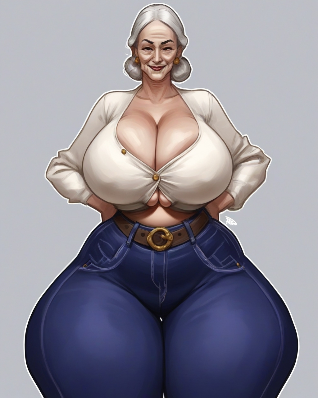 ai generated, borednlonely, bottom heavy, breasts, curvaceous, curvy, female, gilf, grey hair, hips wider than shoulders, large breasts, mature female, older female, thick thighs, tight clothing, wide hips