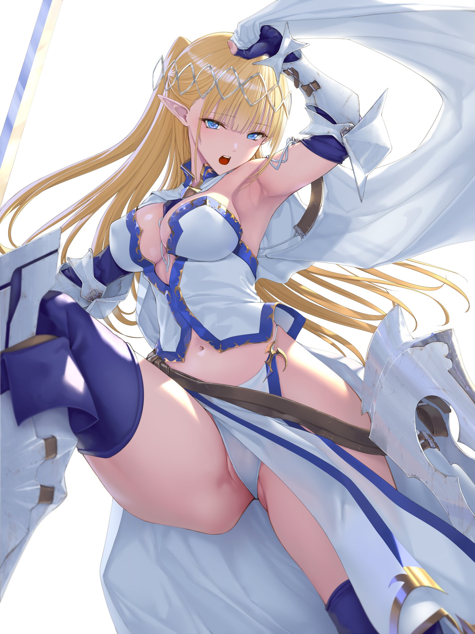 armored boots, armored dress, armored female, armored gloves, big breasts, breasts, elf, elf female, elf girl, failure frame: i became the strongest and annihilated everything with low-level spells, female, fully clothed, hair ornament, light skin, light-skinned female, long hair, seras ashrain, very long hair