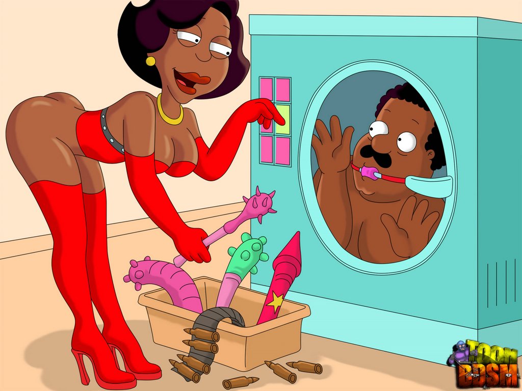 1boy 1girls ass ball_gag bdsm black_hair breasts cleavage cleveland_brown dark_skin dildo donna_tubbs earrings facial_hair family_guy fat_man female femdom gag high_heels jewelry male malesub necklace red_legwear sex_toy stockings straight the_cleveland_show toon_bdsm washing_machine