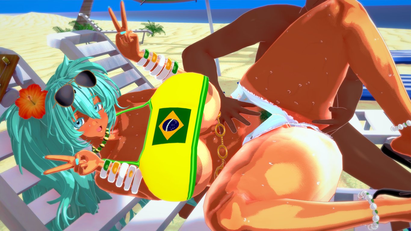 1boy 1girls 3d beach brazil brazilian brazilian_female brazilian_miku busty codeyumi female female_focus hatsune_miku hourglass_figure long_hair male outdoors outside sandals sex skimpy skimpy_clothes tagme tan tan_body tan_skin twintails vocaloid wide_hips