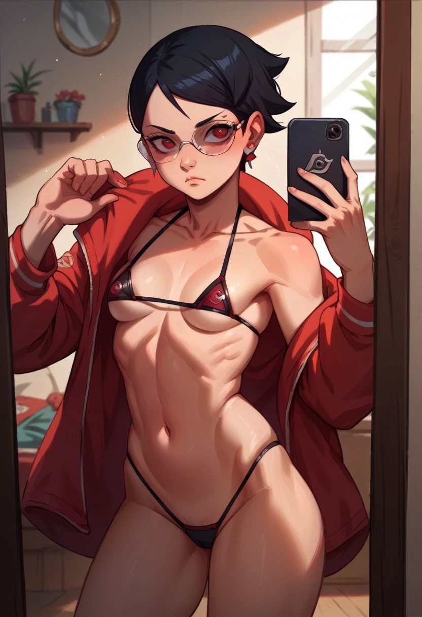 1girls ai_generated bikini boruto:_two_blue_vortex female female_only looking_at_mirror mirror mirror_selfie naruto naruto_(series) phone sarada_uchiha selfie small_breasts teenage_girl teenager