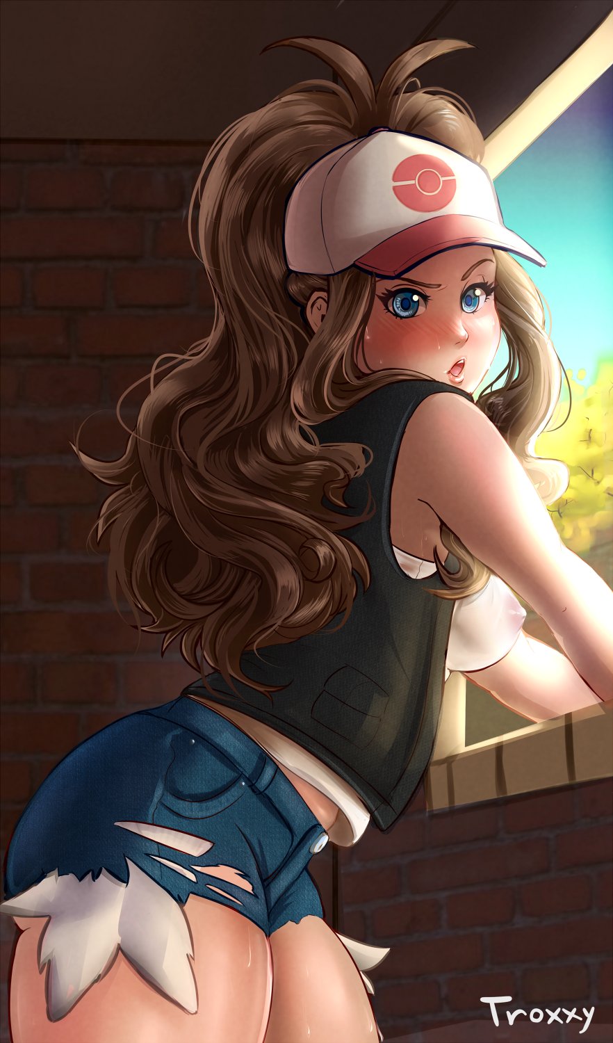 1girls artist_name balcony blue_eyes blue_eyes_female blue_sky blush blush_lines brick brick_wall brown_hair brown_hair_female cap female female_focus female_only hilda_(pokemon) jacket jacket_open jean_shorts light-skinned_female light_skin lips long_ponytail nipples parted_lips poke_ball_symbol pokeball_clothing pokemon ponytail see-through see-through_clothing see-through_shirt see-through_top see_through short_shorts shorts sidelocks sky sweat sweatdrop tied_hair troxxy