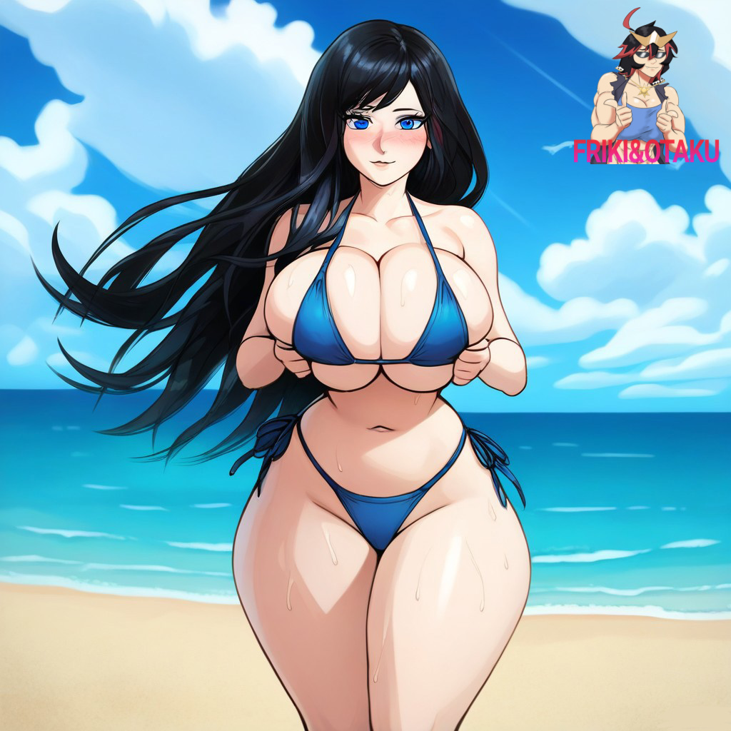 ai_generated beach bikini black_hair huge_breasts long_hair oiled_skin shanoa solo