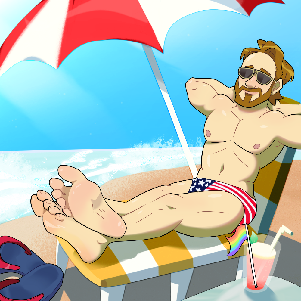 1boy american_flag_swimsuit beach blush feet foot_fetish footprint_on_sandals gay hands_behind_head legs_crossed male_feet male_foot_fetish marvel marvel_comics no_visible_genitalia pmarshyy pride_flag sandals speedo_only steve_rogers umbrella