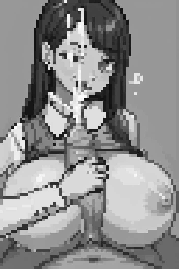 1boy 1girl breasts cum ejaculation facial greyscale heart hetero huge_breasts long_hair looking_at_viewer monochrome nipples paizuri penis pixel pixel_(artwork) pixel_art pov shirt_lift simple_background smile solo_focus tifa_lockhart uncensored