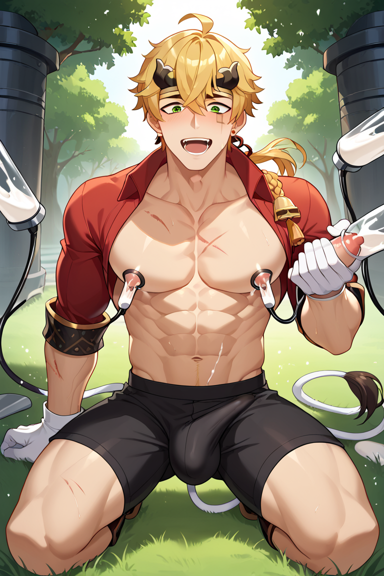 1boy abs ai_generated ai_hands blonde_hair bulge erection_under_clothes facing_viewer genshin_impact green_eyes kneeling lactation light-skinned_male light_skin looking_at_viewer male_focus male_lactation male_only milk milking_machine muscular open_mouth outdoors shorts solo solo_male thoma_(genshin_impact) topless yaoi