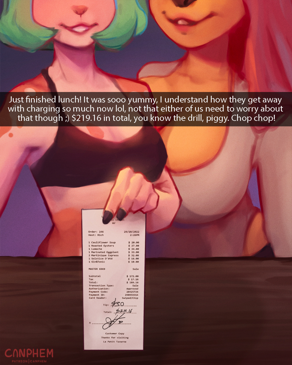 2girls anthro assertive_female big_breasts canphem cash confident_female cute_girl dominant_female english_text female_focus femdom femdom_caption financial_domination findom happy_female mischievous mischievous_smile nail_polish nails_painted oc paypig receipt sadistic_girl smiling smug teasing text