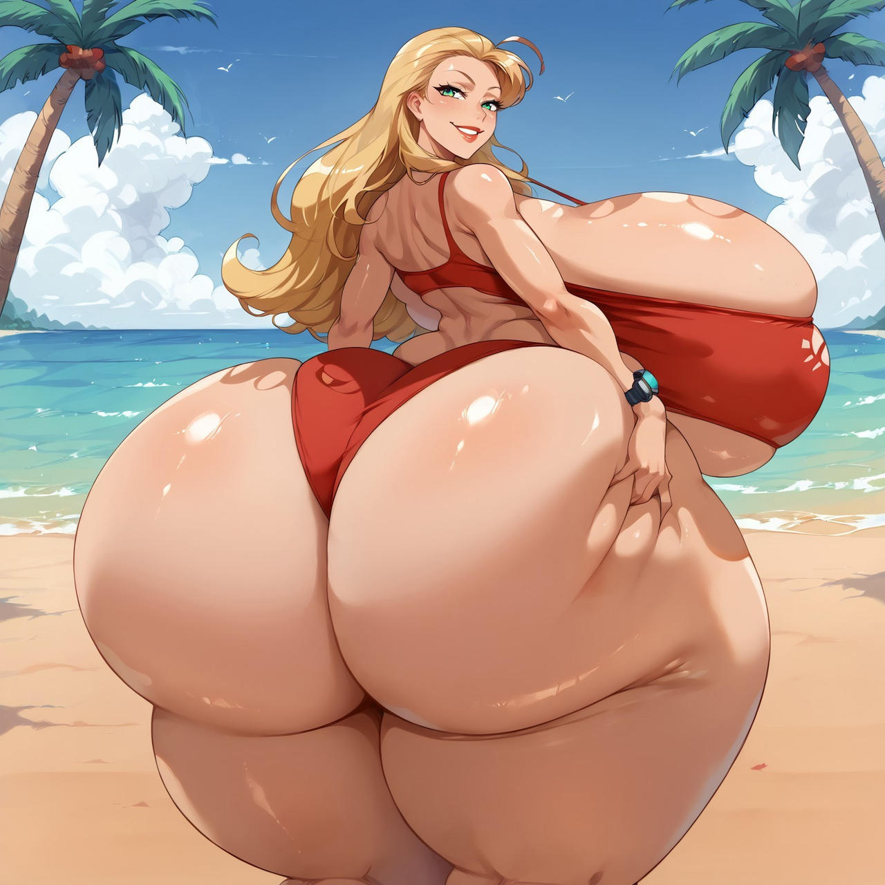 ai_generated disney grabbing_ass grabbing_own_ass huge_ass huge_breasts hyper_ass hyper_breasts lifeguard_(lilo_and_stitch) lilo_and_stitch looking_at_viewer lovermam massive_ass pale-skinned_female pale_skin smirk tagme thick_thighs