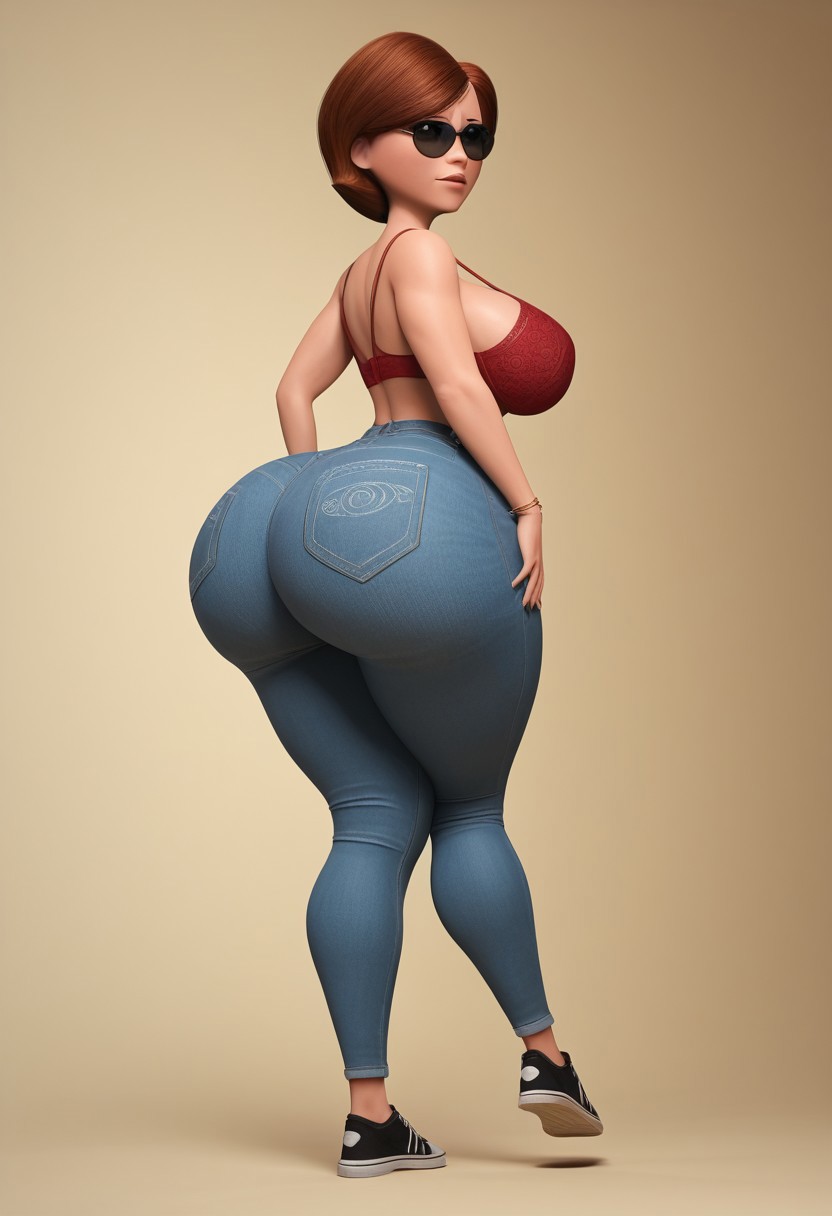 1girls 3d ai_generated bare_shoulders big_ass big_breasts bra bracelets brown_hair bubble_butt disney enormous_ass helen_parr huge_ass hyper_ass jeans large_ass light_yellow_background long_legs milf no_shirt pawg pixar pixar_mom red_bra round_ass sideboob simple_background sneakers solo solo_female sunglasses the_incredibles thight_clothing