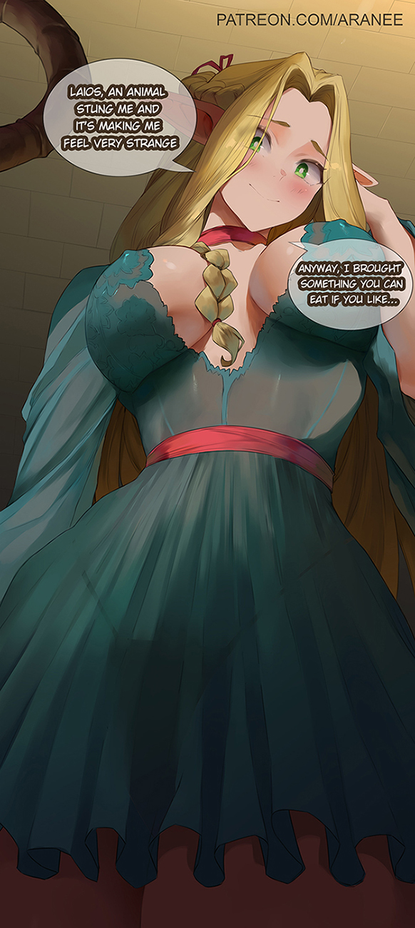 1girls 2d araneesama below_view big_breasts blonde_female blonde_hair blush breasts cleavage delicious_in_dungeon dress dungeon_meshi elf elf_ears elf_female female female_only green_eyes large_breasts marcille_donato nipple_bulge offscreen_male panties_outline panties_visible_through_clothing patreon_username pointy_ears smile solo speech_bubble tight_clothing viewed_from_below