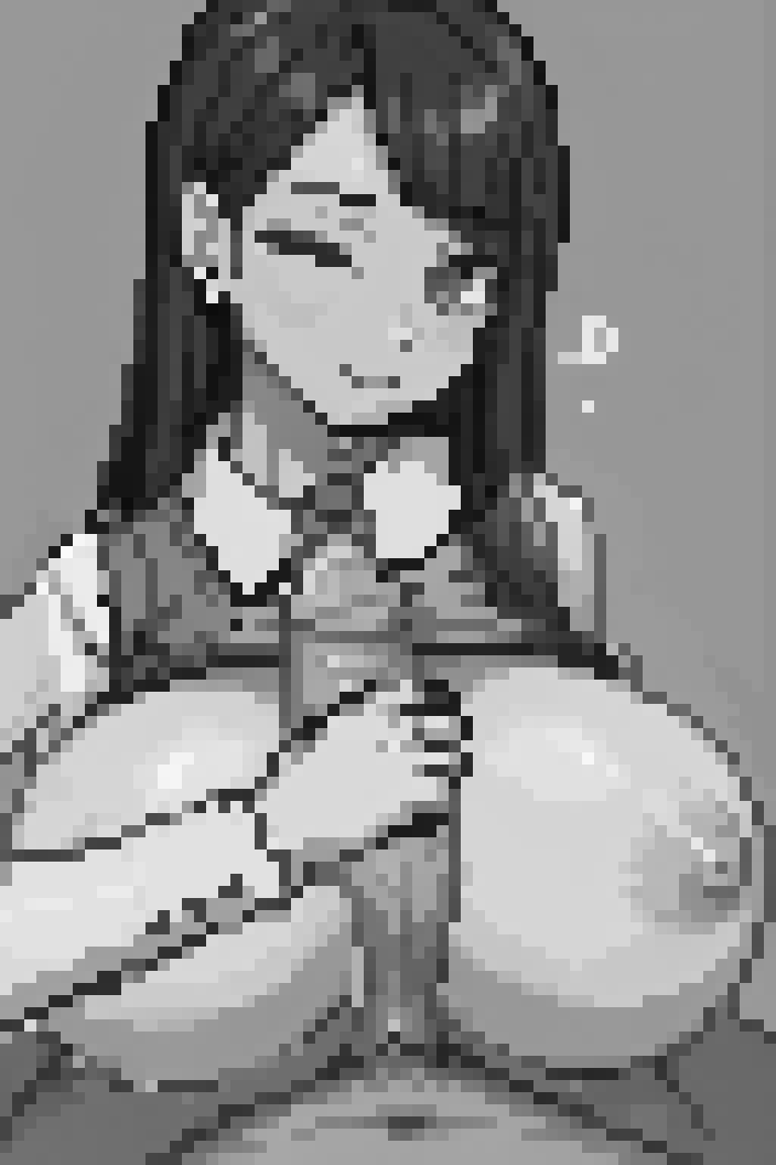 1boy 1girl breasts greyscale handjob heart hetero huge_breasts long_hair looking_at_viewer monochrome nipples paizuri penis pixel pixel_(artwork) pixel_art pov shirt_lift simple_background smile solo_focus uncensored