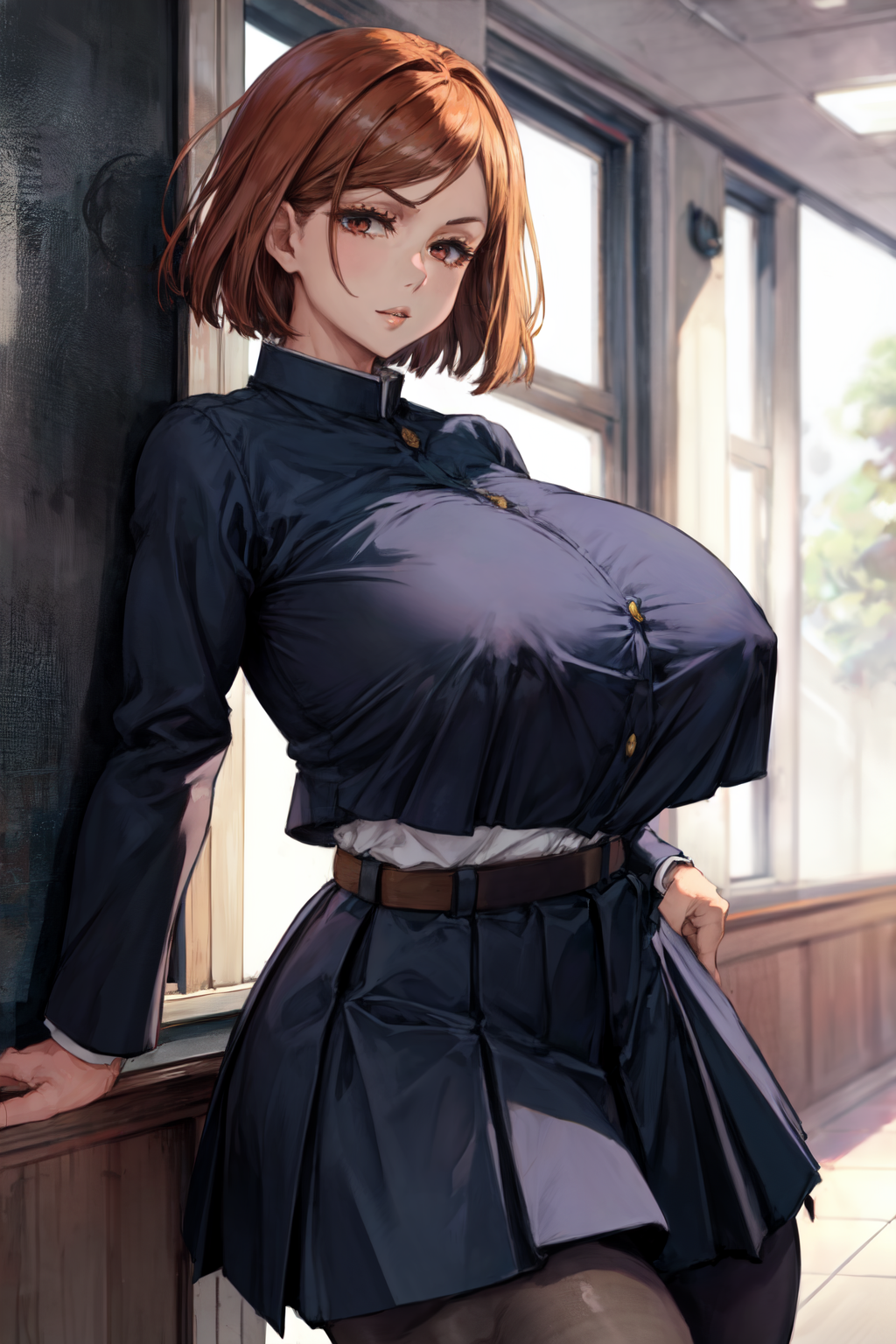 1girls ai_generated alternate_breast_size belt big_breasts breasts brown_eyes brown_hair button_down_shirt covered_nipples female female_only heavy_breasts huge_breasts jujutsu_kaisen jujutsu_tech_uniform kugisaki_nobara looking_at_viewer nipple_bulge pantyhose pleated_skirt short_hair slight_smile solo solo_female stable_diffusion standing tampopo tight_clothes tight_clothing tight_fit uniform