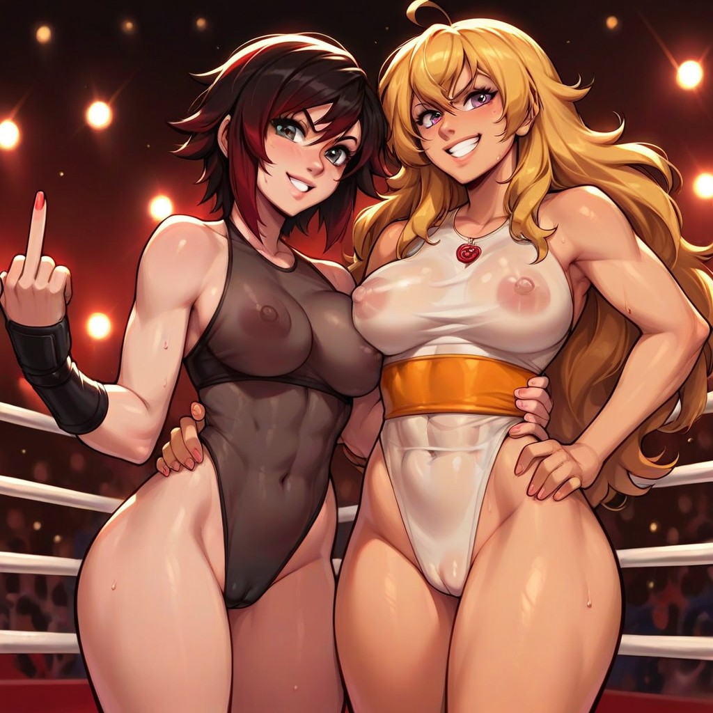 2girls ai_generated blonde_hair breasts covered_nipples hand_on_hip lavender_eyes leotard middle_finger omegashadowz red_hair ruby_rose rwby see-through silver_eyes sisters wrestling_ring yang_xiao_long