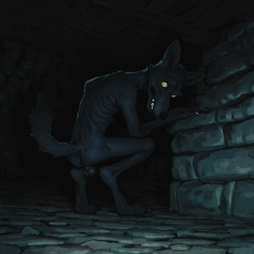 anthro balls black_fur creature creepy dark_skin looking_at_viewer looking_back male scared