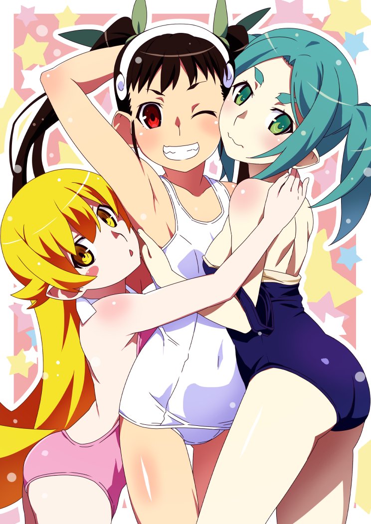 aqua_hair armpits ass ass_visible_through_thighs back bare_arms bare_back bare_legs bare_shoulders bare_thighs black_hair blonde_hair blue_swimsuit blush body_blush closed_mouth flat_chest gesugesu_ahoaho green_eyes hachikuji_mayoi hair_ribbon hairband hug long_hair medium_breasts monogatari_(series) one_eye_closed one_piece_swimsuit ononoki_yotsugi open_mouth oshino_shinobu pink_swimsuit red_eyes shiny_skin smile strap_slip swimsuit thighs twintails white_swimsuit wink yellow_eyes